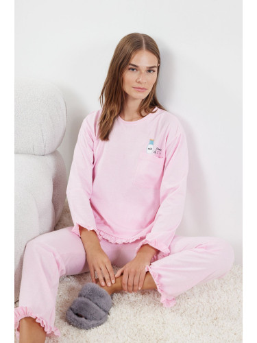 Trendyol Light Pink Printed Pocket and Ruffle Detailed Knitted Pajama Set