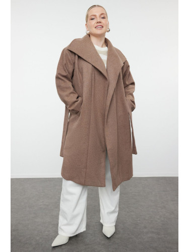 Trendyol Curve Mink Loose Fit Belted Wide Collar Cashmere Coat