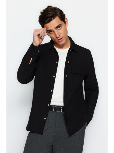 Trendyol Black Regular Fit Single Pocket Snap Closure Knitted Comfortable Flexible Fabric Shirt