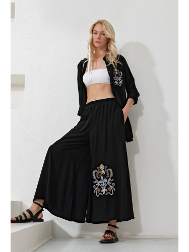 Trend Alaçatı Stili Women's Black Back and Front Embroidered Long Shirt and Loose Trousers Set