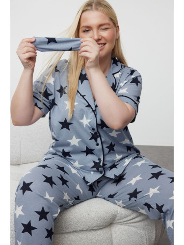 Trendyol Curve Blue Star Patterned Shirt Collar Knitted Pajama Set