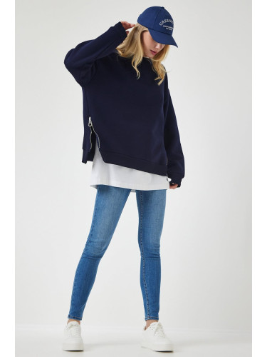 Happiness İstanbul Women's Dark Blue Zipper Detailed Raised Knitted Sweatshirt