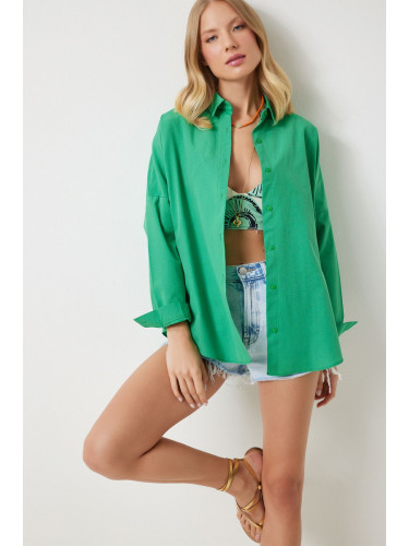 Happiness İstanbul Women's Green Oversize Long Basic Shirt