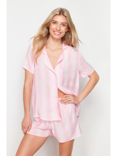 Trendyol Pink Striped Piping Detailed Viscose Woven Pajama Set