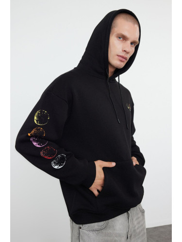 Trendyol Black Oversize/Wide Cut Hooded Sweatshirt with Fleece Inside Reflective Print