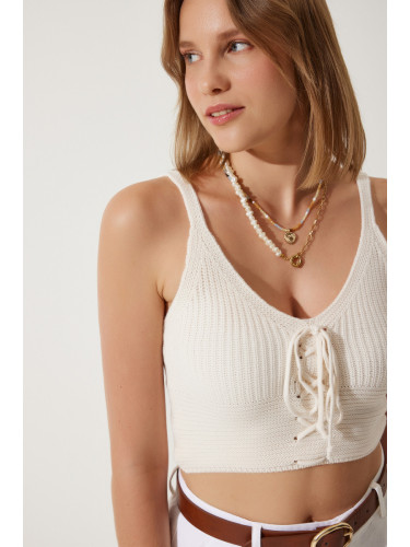 Happiness İstanbul Women's Cream Zigzag Drawstring Tricot Crop Top