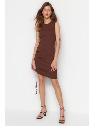 Trendyol Brown Crew Neck Fitted, Shirring Detailed Ribbed Flexible Mini Knitting Dress