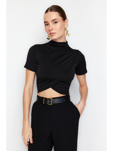 Trendyol Black High Collar Short Sleeve Draped Crop Blouse Knitted Blouse