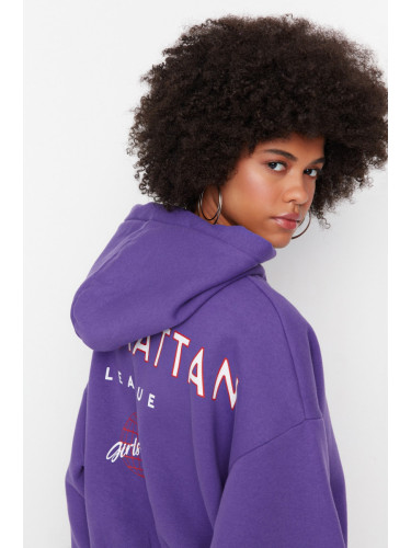 Trendyol Purple Back Print Detailed Hooded Thick Fleece Knitted Sweatshirt