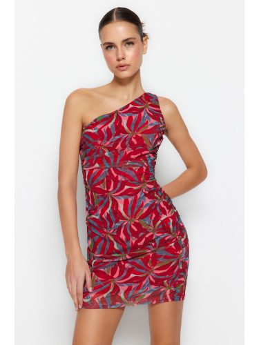 Trendyol Claret Red Floral Asymmetrical Collar Pleated Lined Mini Knitted Tulle Dress