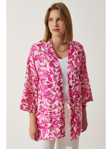 Happiness İstanbul Women's Pink Ecru Patterned Viscose Kimono