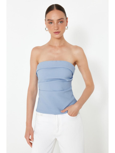 Trendyol Light Blue Strapless Fitted Draped Woven Blouse