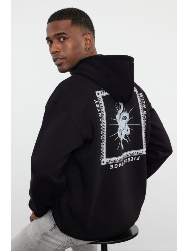 Trendyol Black Oversize/Wide Cut Hooded Back Mystic Printed Fleece Sweatshirt