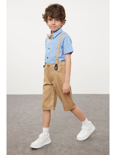 Trendyol Blue Boy Cotton Bow Tie Shirt Shorts Suspender Trousers Set Top-Bottom Set