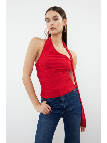 Trendyol Red Halter Neck Gathered Lined Stretchy Knitted Blouse