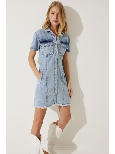 Happiness İstanbul Women's Medium Blue Tassel Detail Mini Denim Dress