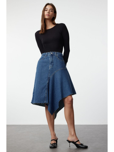Trendyol Blue Stitching Detailed Asymmetrical High Waist Midi Denim Skirt