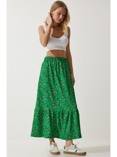 Happiness İstanbul Women's Green Floral Flounce Viscose Skirt