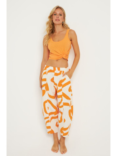 Cool & Sexy Women's Ecru-Orange Patterned Linen Shalwar Trousers K1253