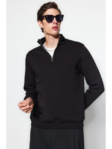 Trendyol Black Regular Cut Stand Collar Zippered Cotton Basic Sweatshirt