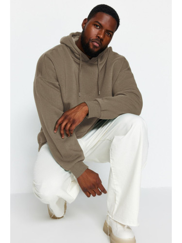 Trendyol Brown Plus Size Basic Comfortable Hooded Labeled Cotton Sweatshirt with Fleece Inside