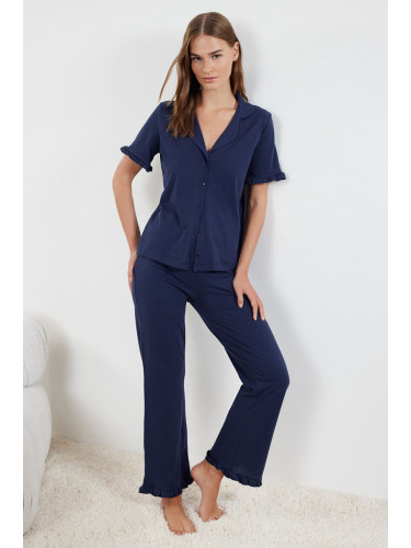 Trendyol Indigo 100% Cotton Ruffle Detailed Knitted Pajama Set