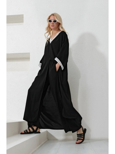 Trend Alaçatı Stili Women's Black Collar and Sleeves Laced Tunic and Trousers Top and Bottom Set