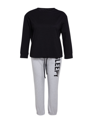 Trendyol Curve Black-Grey Slogan Jogger Fit Knitted Pajamas Set