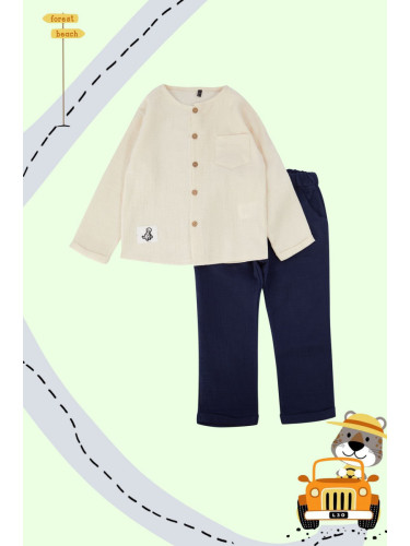 Trendyol Stone Boy Pocket Long Sleeve Shirt-Pants Set Cotton Knitted Bottom-Top Set