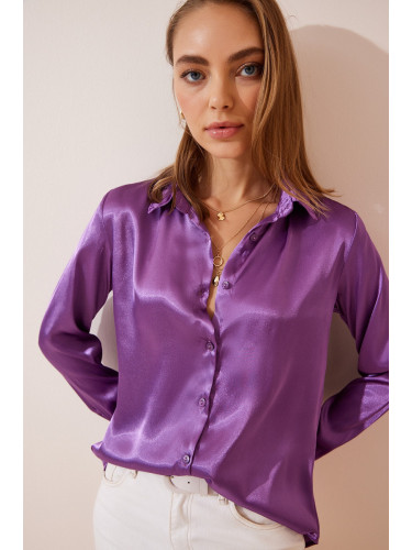 Happiness İstanbul Women's Purple Slightly Flowing Satin Shirt