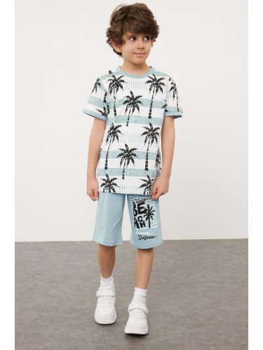 Trendyol Blue Boy Palm Patterned Knitted Bottom-Top Set