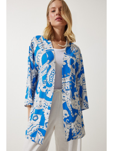 Happiness İstanbul Women's Blue and White Patterned Viscose Kimono