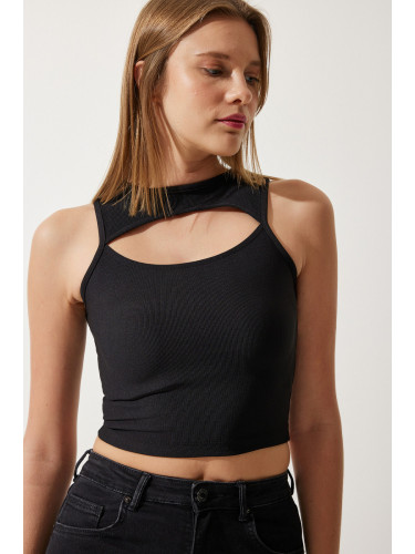 Happiness İstanbul Women's Black Cut Out Detail Ribbed Crop Knitted Blouse