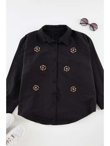 Trendyol Curve Black Large Size Stone Embroidered Poplin Shirt