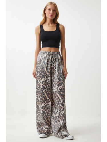 Happiness İstanbul Women's Black Beige Leopard Patterned Palazzo Trousers