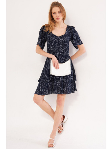 armonika Women's Navy Blue Minus Dress Short Sleeve Skirt Layered Zippered Patterned Mini Size