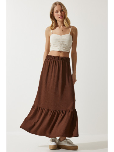 Happiness İstanbul Women's Brown Flounce Summer Midi Skirt