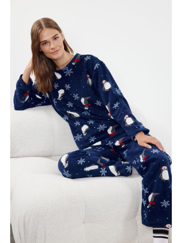 Trendyol Navy Penguin/Winter Patterned Fleece Winter Knitted Pajamas Set