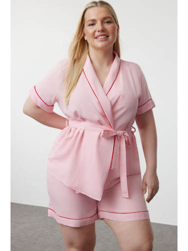 Trendyol Curve Pink Woven Pajama Set with Binding and Piping Detail