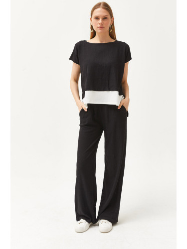 Olalook Women's Black Top Blouse Bottom Trousers Suit