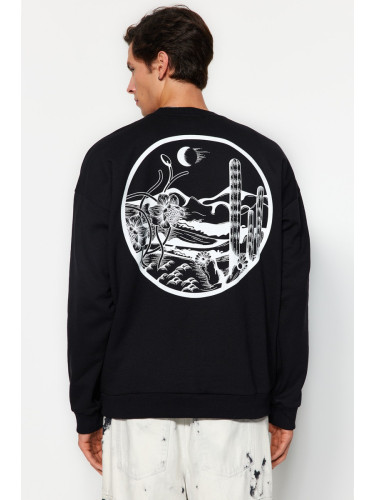 Trendyol Black Oversize/Wide Cut Tropical Back Printed Cotton Sweatshirt with Fleece Inside