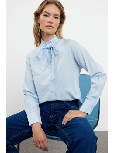 Trendyol Blue Regular Fit Woven Shirt with Closed Collar Ruffle Detail