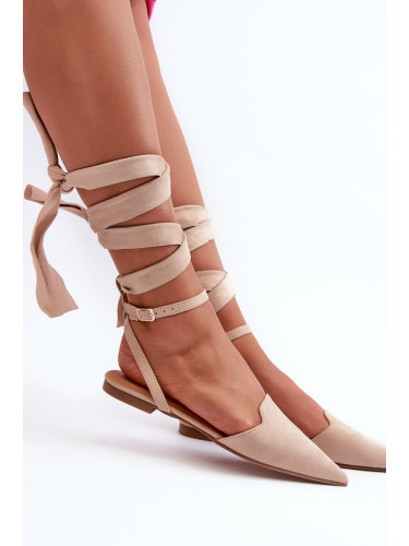 Beige lace-up eco suede ballerinas with pointed toes Ellesara