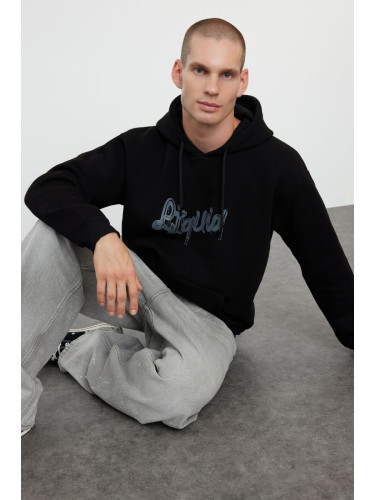 Trendyol Black Oversize/Wide Cut Hooded Sweatshirt with Text Print and Fleece Inside
