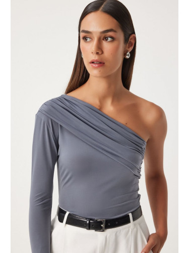 Happiness İstanbul Women's Gray One-Shoulder Gathered Detailed Knitted Blouse