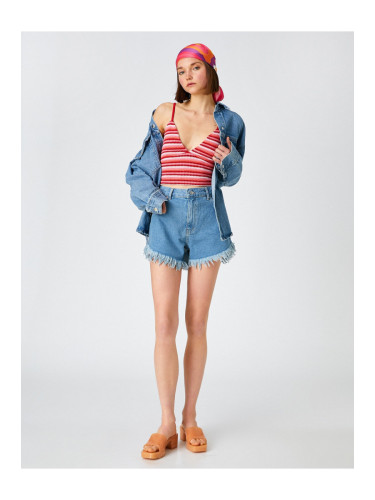 Koton Denim Shorts High Waist, Tassels Pocket Cotton.