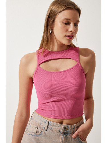 Happiness İstanbul Women's Pink Cut Out Detailed Corded Crop Knitted Blouse