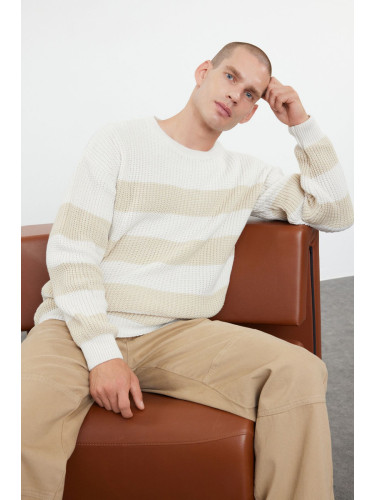 Trendyol Stone Oversize Crew Neck Striped Knitwear Sweater