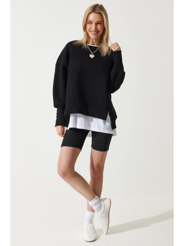 Happiness İstanbul Woman's Black Slit Detailed Raised Knitted Sweatshirt