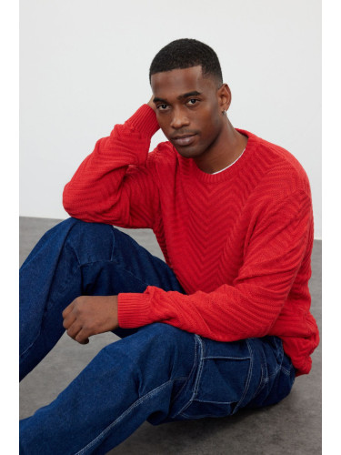 Trendyol Red Regular Crew Neck Textured Knitwear Sweater